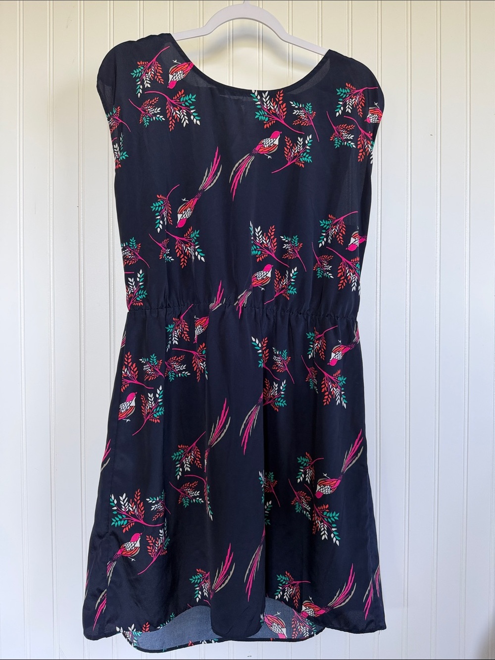 GAP Navy Dress w/Pink & Green Birds Size L Cottagecore Granny Chic Whimsical
